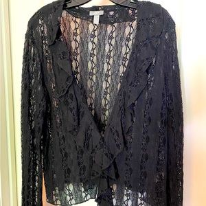 JJill Sheer Black Lace Top, Size L, with Ruffle Collar